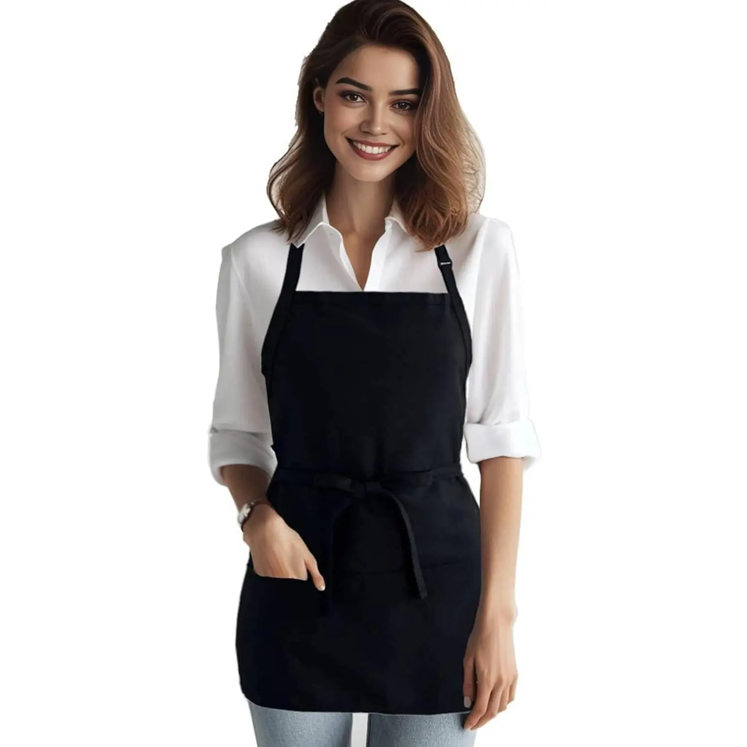 Women's Cotton Comfortable Chef Apron - Short Adjustable Halter Style, 3 Pockets, Black - Female Fit Kitchen Apron Ideal as a Gift for Servers, Three Pockets