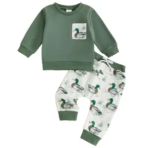 Babamoon Toddler Baby Boy Fall Clothes Mallard Duck Print Long Sleeves Sweatshirt Tops Elastic Shorts 2 Piece Outfits Set