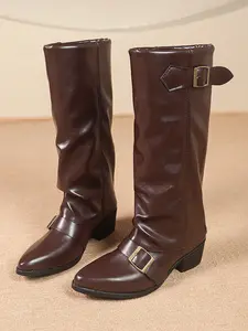 New Fashion Versatile Double Buckle Pleated Knight Boots, Thick Heel Slimming Pointed Toe Mid-Calf Boots, All-Season Long Boots