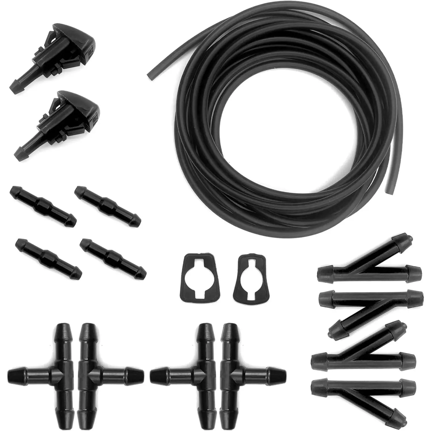 Windshield Washer Hose Kit 5M Washer Fluid Hose 12 Pcs Hose Connectors 2 Fan Nozzles 2 Rubber Gaskets Connect Car Water Pump and Nozzles Suitable for Most Car Windshield Washer Tubing