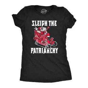 Womens Sleigh The Patriarchy T Shirt Funny Xmas Rebellious Santa Claus Music Joke Tee for Ladies Funny Womens T Shirts Cute Vintage Fashion Casual Ladies T-Shirt Gift Christmas Tops for Women Funny Music Top Black -
