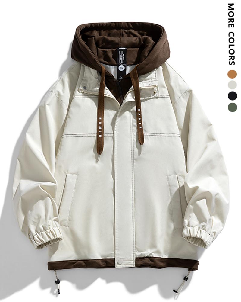 Men's multi-color spliced fake two-piece pocket long-sleeved lace-up hooded jacket, suitable for commuting, outdoor activities, and sports wear. It is a must-have thick jacket in autumn and winter. Men's multi-color spliced fake two-piece pocket long-sleeved lace-up hooded jacket, suitable for commuting, outdoor activities, and sports wear. It is a must-have thick jacket in autumn and winter.