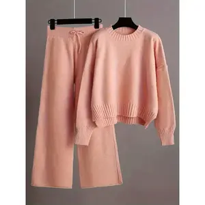 Women's Casual Knitwear Set LY 163758 - Cozy Long Sleeve Crew Neck Sweater & Wide-Leg Pants, Solid Color, 100% Polyester, Sweet Camisole Suits