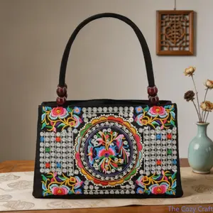 Boho Dual Sides Embroidered Handbag, Wooden Bead Decor Canvas Purse, Double Zipper Portable Crossbody Bag, Casual Fashion Wallet Pouch for Daily Shopping Travel Outdoor Street Casual Matching summerwins