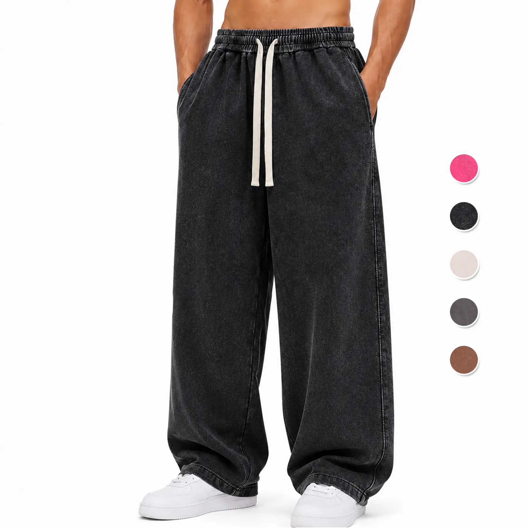 Gihuo Men's Washed Distressed Sweatpants, Regular Fit Drawstring Cargo Pocket Pants, Vintage Solid Color Casual Joggers for Fall & Winter, Unisex Menswear Trouser