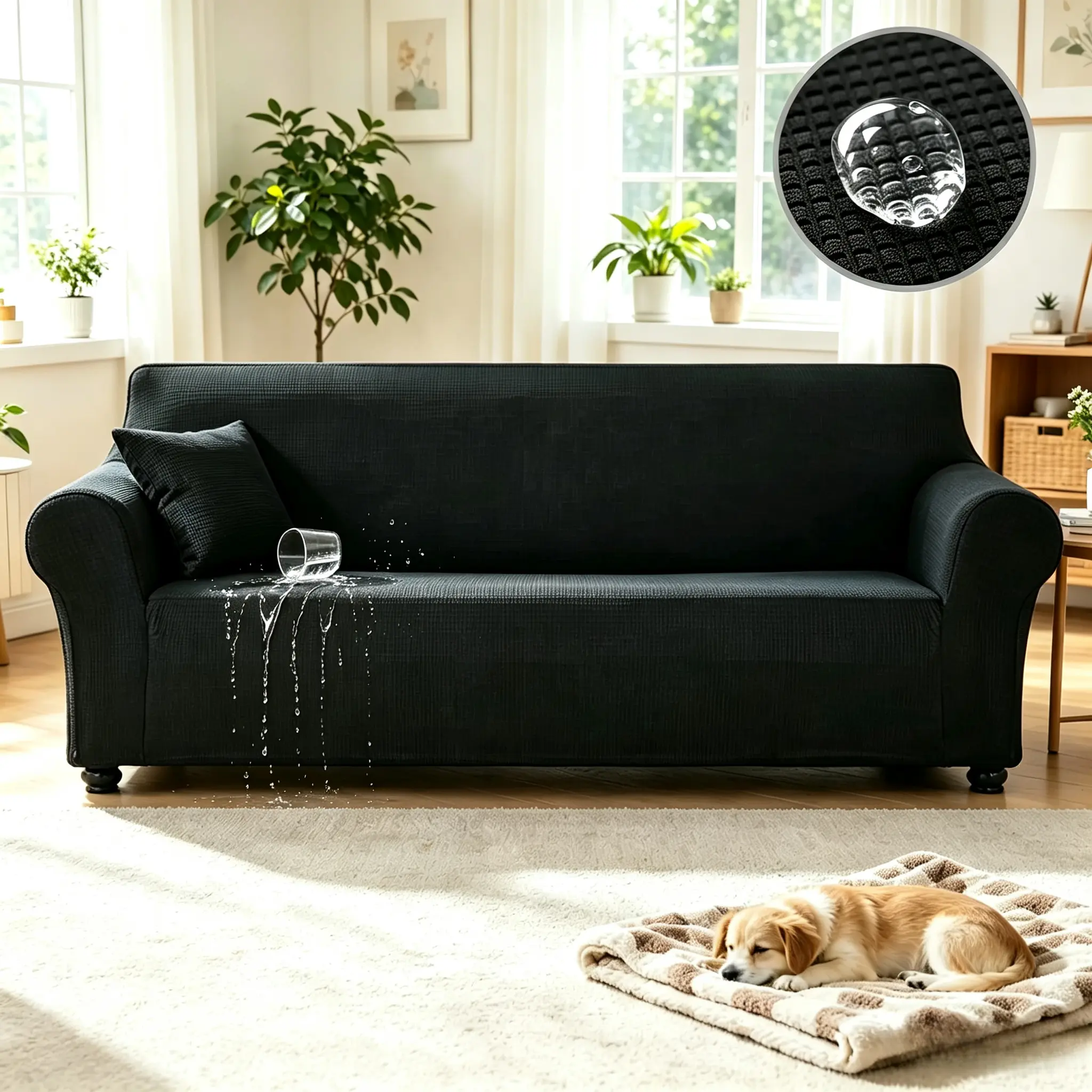 Waterproof elastic sofa cover, solid color sofa cover, anti-slip jacquard sofa cover, suitable for 1/2/3 seats, pet-friendly washable soft furniture protection cover