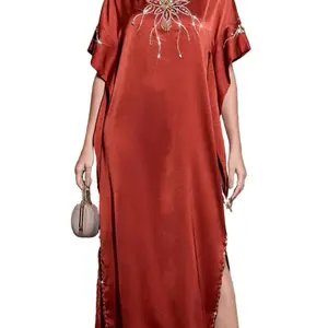 Ust Red Satin Abaya Dress for Women Hand-Beaded Crystal Embellished Neckline Side Slits with Tassel Sleeves Modest Maxi