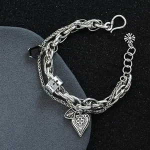 2026 New Unisex 925 Sterling Silver String Bracelet, Vintage Heart Cross Pendant, Trendy Party & Daily Jewelry Gift for TikTok Shop