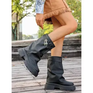 Women's Leather Foldover Shark Classic Buckle Mid-Calf Boots, Fashion High Top Design, Durable Comfortable Shoes for Trendy Women