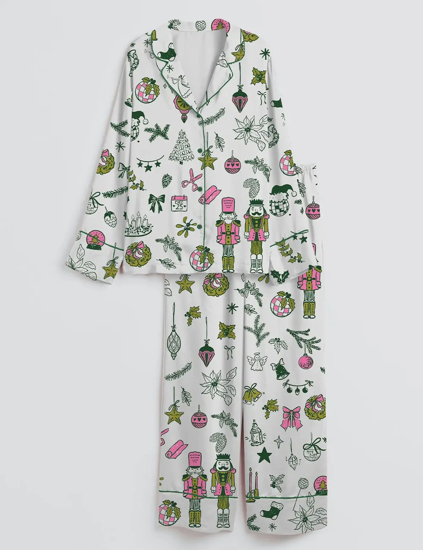 Women’s Christmas Nutcracker Pajama Set, Holiday Satin Long Sleeve Sleepwear