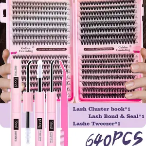 640 Piece Eyelash Extension Kit, DIY Lash Extensions Set, Individual Lash Clusters, D Curl, Includes Adhesive, Sealer, Tweezers, Eyelash Bond Glue, Eyelash Tools