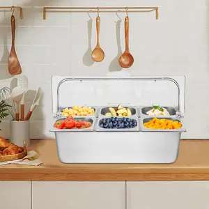 Countertop Food Display Container Ice Food Serving Tray 6 Pans Buffet Condiment Dispenser - Salad Dressing Appetizer Spice Fruit Cold Serving Station