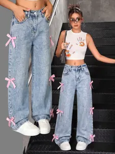 Yk2 Girl Fashion Bowknot Decorated Jeans, Elastic High Waist Loose Fit, Long Pants for All Seasons, Comfortable and Stylish