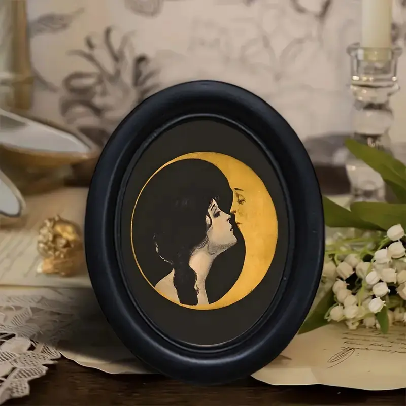 1count Vintage Gothic Oval Photo Frame, Wooden Picture Frames - Wooden Framed Black Gothic Decor, Recycled Wood Frame (6.8x8.7Inches) - Hanging Wall Art for Living Room, Office, Silhouette Design, Handcrafted Appeal, Perfect for Room Decor