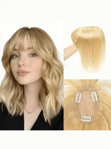 Real Human Hair Topper with Bangs, Available in Honey and Dark, Volume Boosting Invisible Injection Technology, Clip-In Style for Short Hair