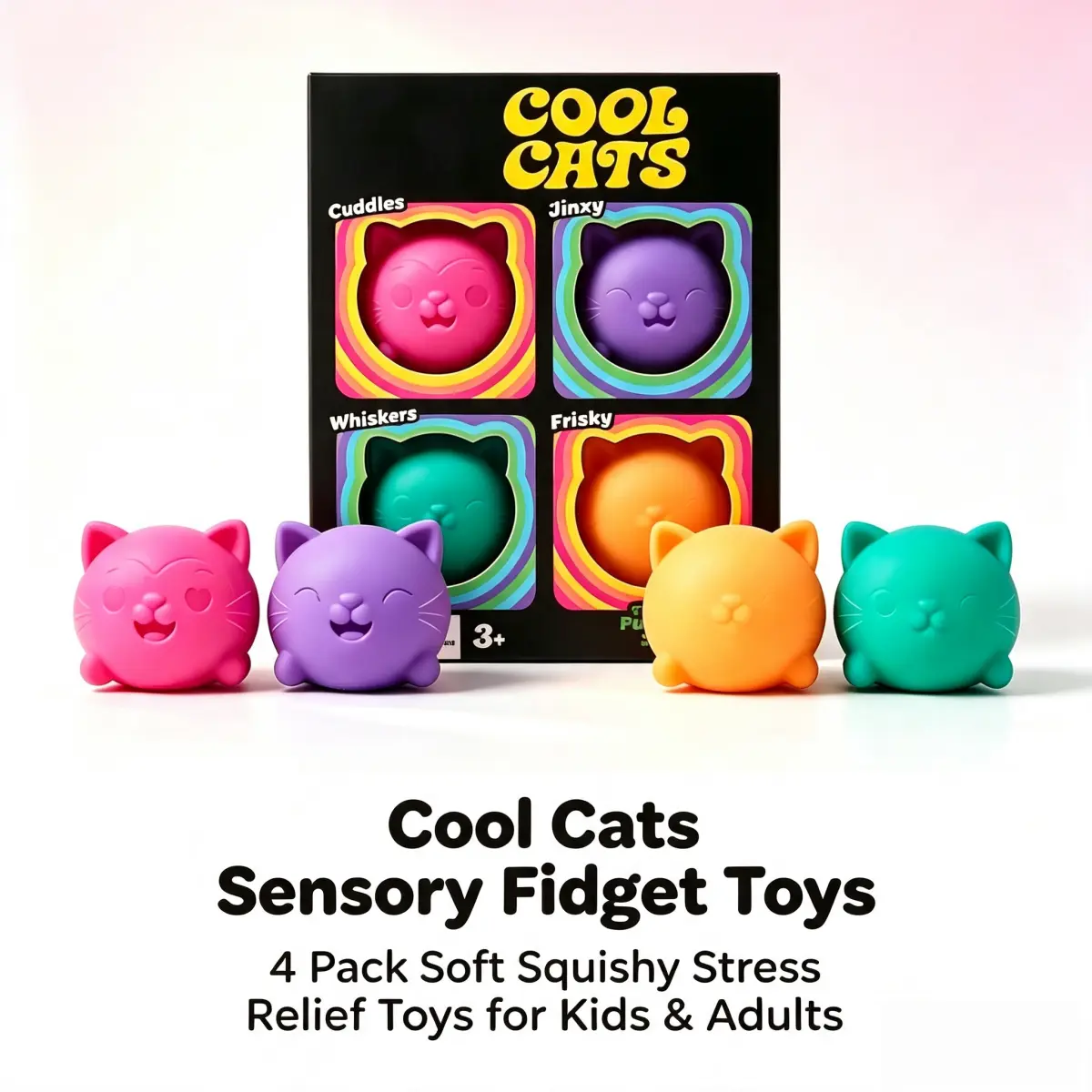Teenie Cool Cats Squish Fidget Toy, 4 pcs Cute Cat Slow Rebound Stress Relief Balls, Kawaii Animal Stress Toy Set,squishies toys