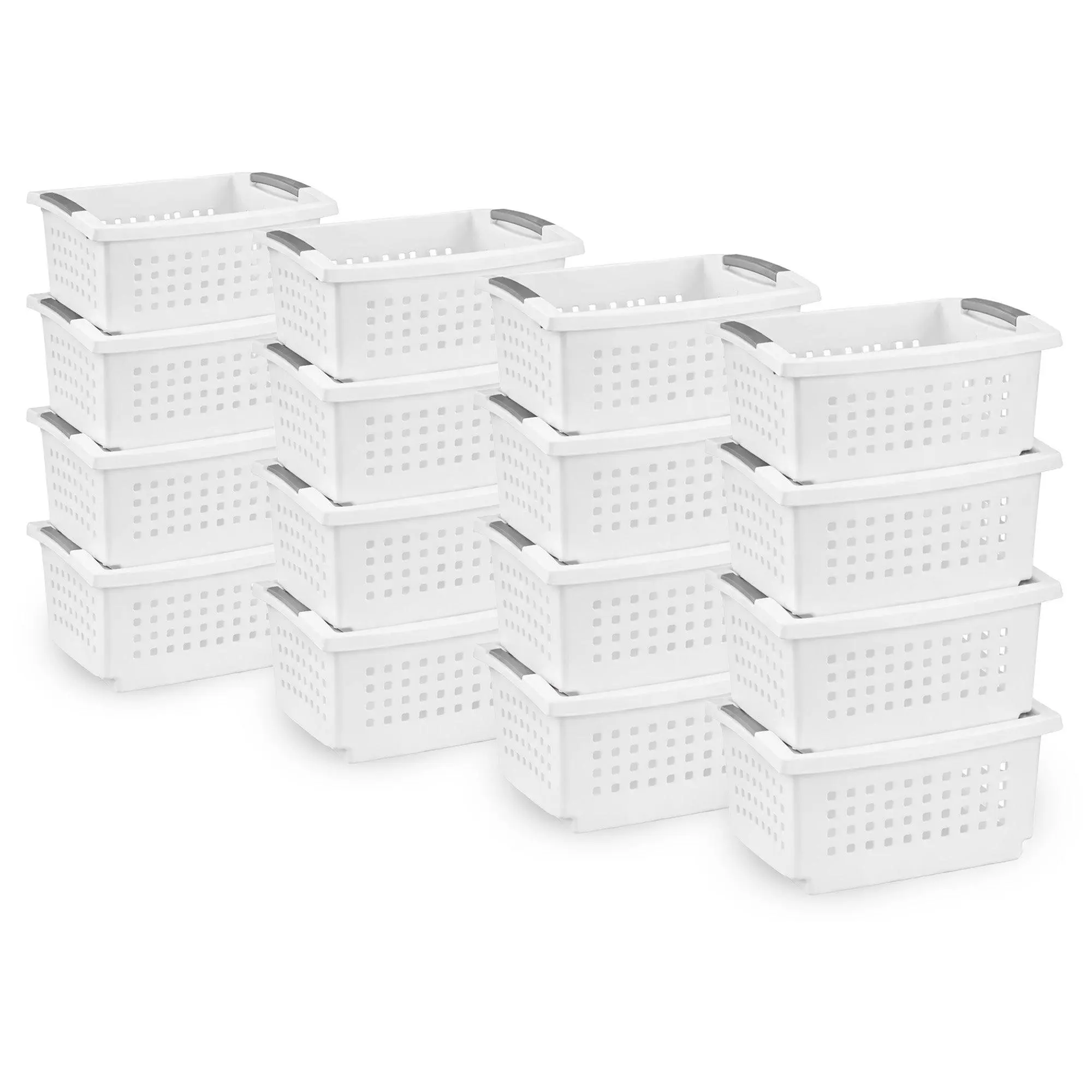 Sterilite Medium Stacking Basket, Open Top Storage Bin w Handles, 16 Pack, White
