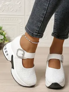 Elegant Mary Jane Cushioned Shoes, Breathable Mesh, Rhinestone Buckle, Soft Cushioning, Thick Sole, Casual Commute, Daily Wear