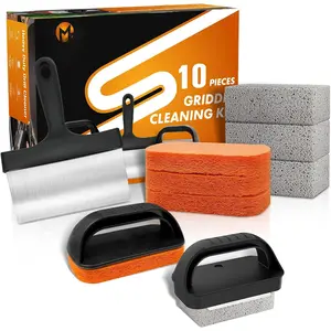 Griddle Cleaning Kit for Blackstone, Flat Top Grill Cleaning Kit with Grill Stone, Upgraded Scouring Pads & Griddle Scraper & Brush with Handle - Easy to Remove Stain (10 PCS)