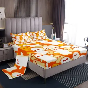 Feelyou Halloween Cute Ghost Designs Bedding Sheet Set - 16-in Deep Pockets, Orange Cartoon Bedding for Kids