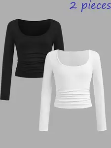 Girls' knitted round neck solid color casual long sleeved top 2-piece set, comfortable and warm, versatile for casual wear, slim fit and slimming, can be worn inside or outside, girls' clothing