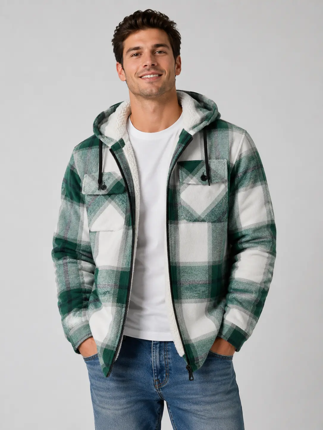 ZITY Men's  Cotton Plaid Zipper Hooded Jacket - Cozy Sherpa Hood, Fleece-Lined, Long-Sleeve, Workwear Ready, Zip-Up, Outdoor Winter Casual Coat With Pockets