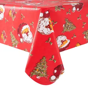 Festive Christmas Trees & Santa Claus Vinyl Tablecloth with Flannel Backing - Waterproof Oilcloth Table Cover for Holiday Parties Reusable & Washable Christmas Decor - Washable Large Size Table Cover 52"x90"Inch Disposable Xmas Table Cloth