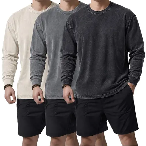 Men's Vintage Washed Distressed Cotton Crewneck Long Sleeve T-Shirt - Menswear Plain Thick Heavyweight Top, Retro Faded Texture, Relaxed Drop-Shoulder Cut, Multiple Colors, Snowflake Graphic, Base Layer, Vintage Clothing, Cotton Yarn Design