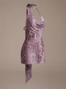 Beach Vacation Style Cowl Neck Tie Front Fitted Graphic Print Going Out Mini Dress