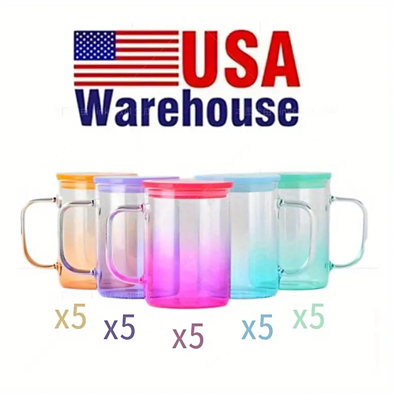 25Pack USA Warehouse Colorful 15oz Ombre Jelly Glass Mugs With Handle Blank Sublimation Clear Transparent High Borosilicate Colored Glass Camper Coffee Mugs With Colored Plastic PP Lids And Straws Colored Ombre Jelly 15oz Glass Cups With PP Straw