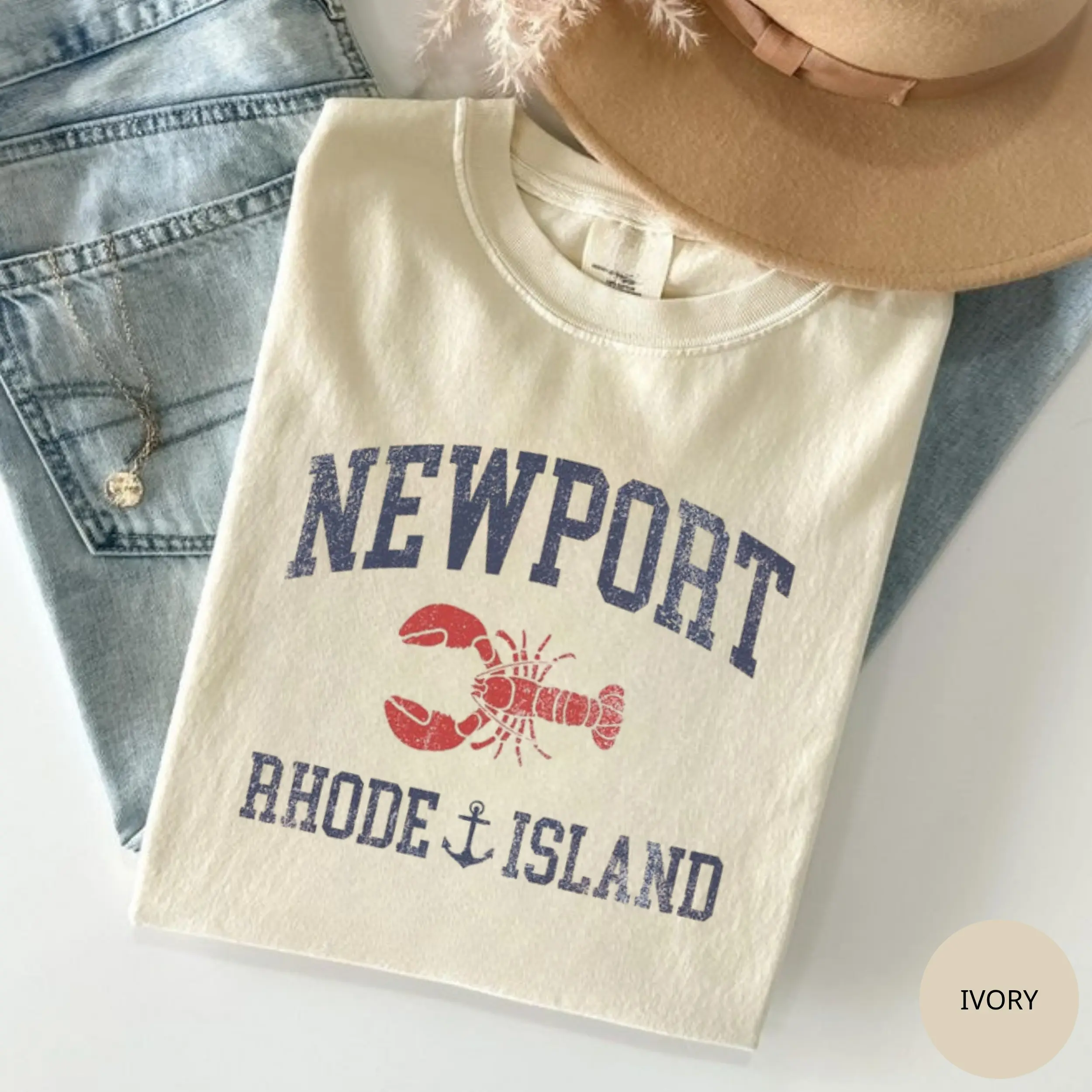 Comfort Colors Retro Newport Rhode Island T-Shirt, Beachy Summer Tee, Trendy Lobster T-Shirt, Women Top, For Woman