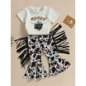 Girls' Western Cowgirl Outfit - White T-Shirt with "HOWDY" & Pink Fringe Bell Bottoms, Casual Summer Playwear, Cowboy Hat & Boots Not Included, Cowgirl Playset | Playful Design | Stretchy Fabric, for Outdoor