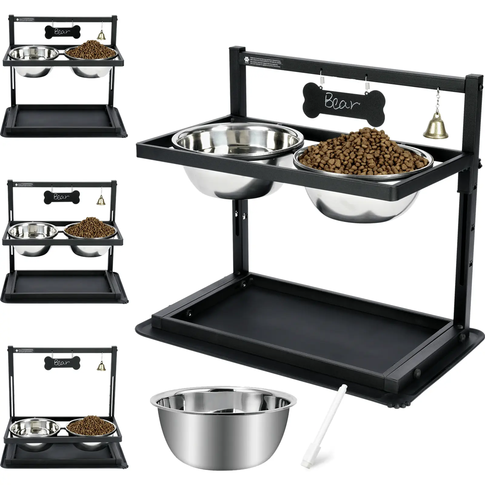 Adjustable Height Raised Dog Bowl Stand with 2 x 1.7L Stainless Steel Bowls, Spill-Proof Mat for Large Dogs - Pet Feeding Supplies