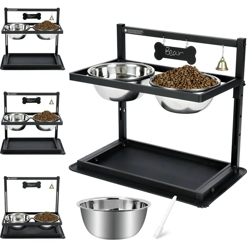 Adjustable Height Elevated Dog Feeder Bowl Stand with Anti-Tip Function (11-28cm/4.3-11in), 2 x 1.7L Chew-Resist Metal Feeder Bowls, 1700ml Capacity, Spill-Proof Mat, Exclusive Badges & Bells - Large Dog Feeding Supplies, Pet Accessory