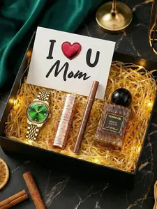6-piece women's gold green light luxury noble fashion fresh versatile gentle elegant style fully automatic tourbillon Mother's Day gift matching eyeliner liquid pen lipstick perfume light with greeting card combination mechanical watch set