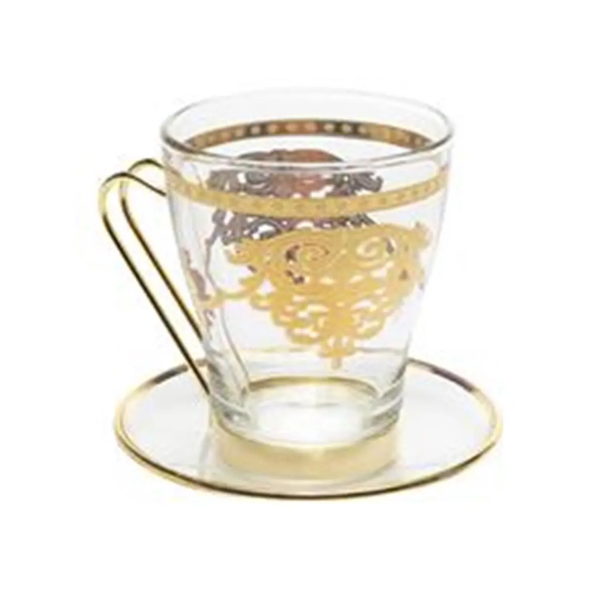 Formal 6-Piece Crystal Glass Cup & Saucer Set - Modern Tea Cups, 14-Karat Gold Design, 4x3 in Round Table Drinkware