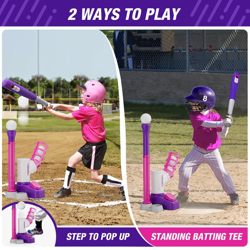 Tball Set for Toddlers 3-5, Tee Ball Set with Step on Pitching Machine/Adjustable Batting Tee/Retractable Baseball Bat/8 Pop Up Balls, Outdoor Sport Toy Games for Kids Girls