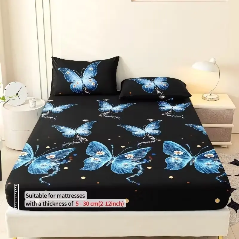 3pcs Soft Breathable Bed Sheet Set, Decorative Bedsheet Sets, Decorative Bedding Set, Butterfly Fairy Sheet and Pillowcases, King Queen Size, Easy Care, All Seasons, Bedding Supplies
