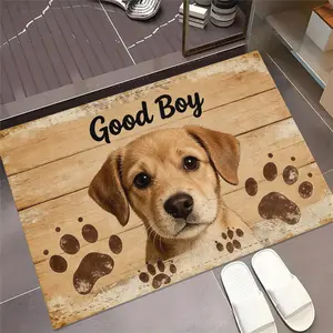 1 piece“Good Boy” Puppy with Wooden Board Paw velvet rug,artistic&stylish,HD print,double-locked edges.Machine/hand washable,non-slip,easy-care,multi-scene for Kitchen Bathroom Bedroom Entrance