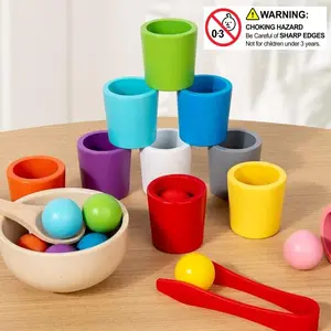 A set of Montessori early education ten-color sorting cups, cup-structured small ball toys, color recognition and matching, children's focus training, suitable for 3-year-old children and preschoolers, wooden matching game, used for learning color sorting
