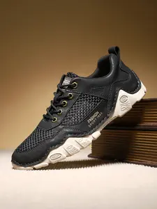 Men's Solid Color Mesh Patchwork Casual Sneakers, Hand-Stitched Thick-Soled Non-Slip Hiking Shoes, Trendy Versatile Breathable Dad Shoes