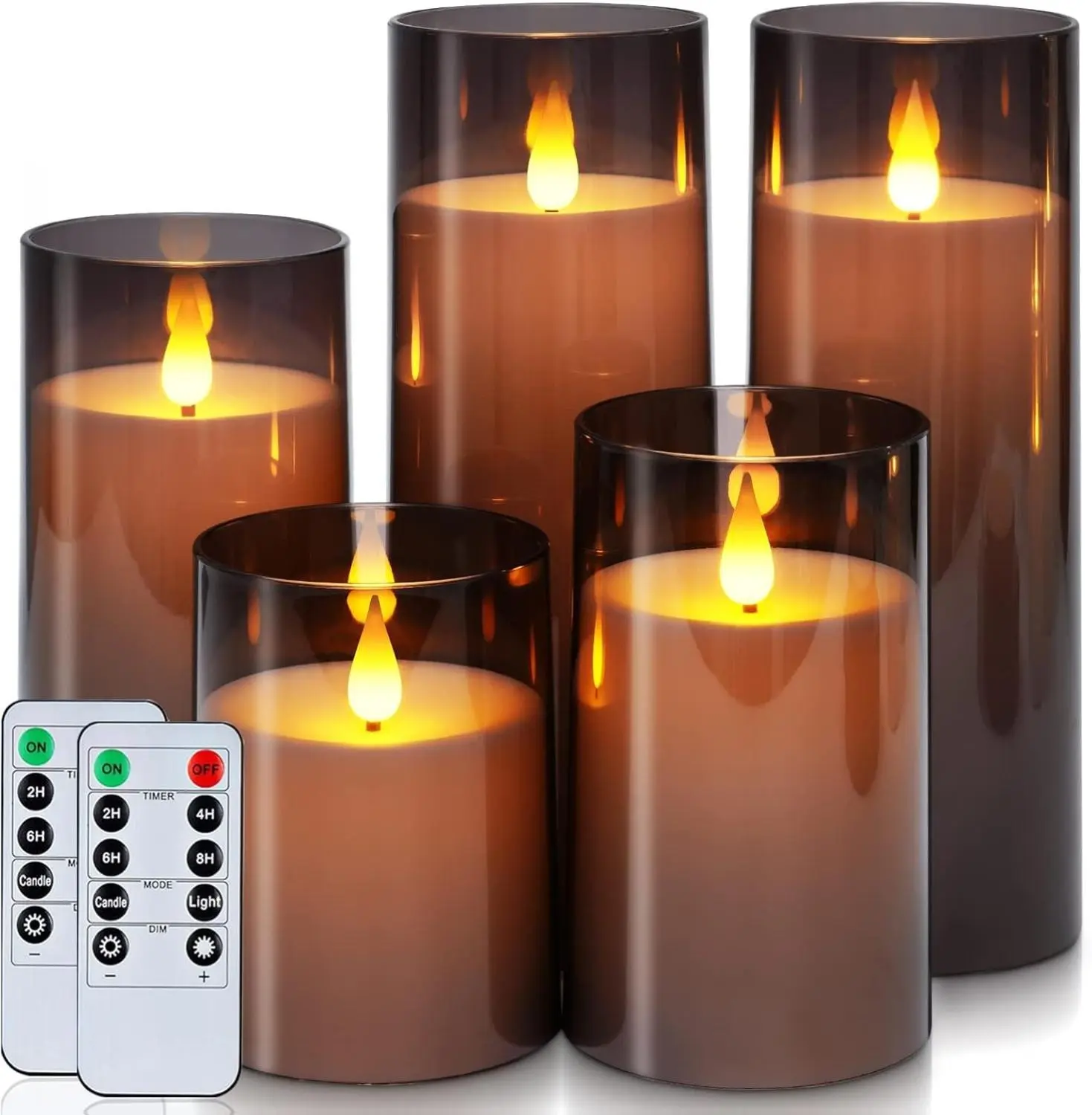 Gray Flickering Flameless Candles, Battery Operated Acrylic LED Pillar Candles with Remote Control and Timer, Halloween Decor, Set of 5