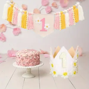 1 set of daisy high chair banner and crown hat, Bohemian style, girl's first birthday decoration, for the first party