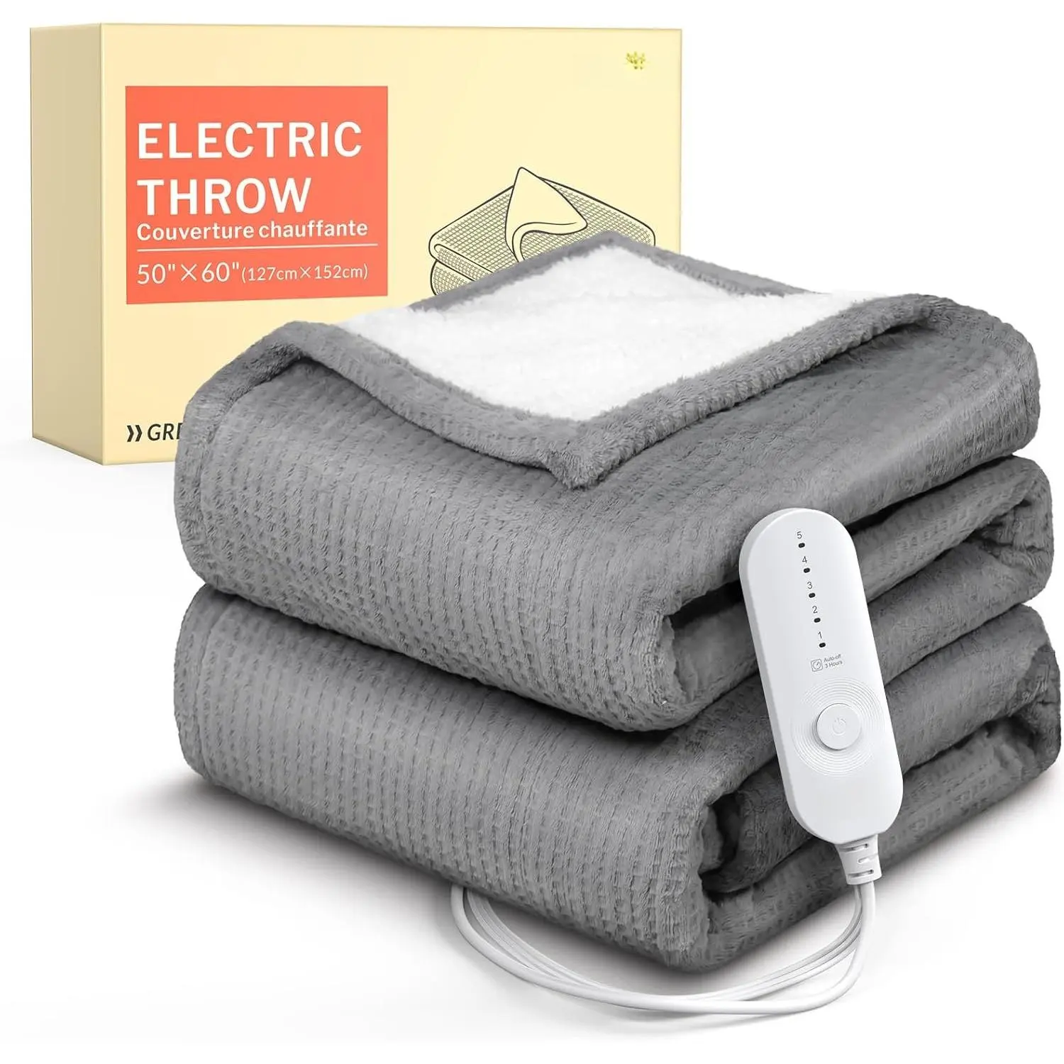 LuxeHeat Heated Blanket Throw, Soft Flannel Sherpa, Electric Blanket 5 Heat Settings, Fast Heating, Heating Throw Blanket 3 Hours Timer Auto Shut Off, Machine Washable, 50x60 Inches, Grey