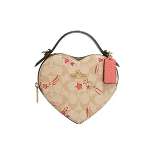 COACH Heart 16 Classic Monogram Zipper Closure Canvas and Leather Heart-Shaped Box Handbag for Women in Khaki