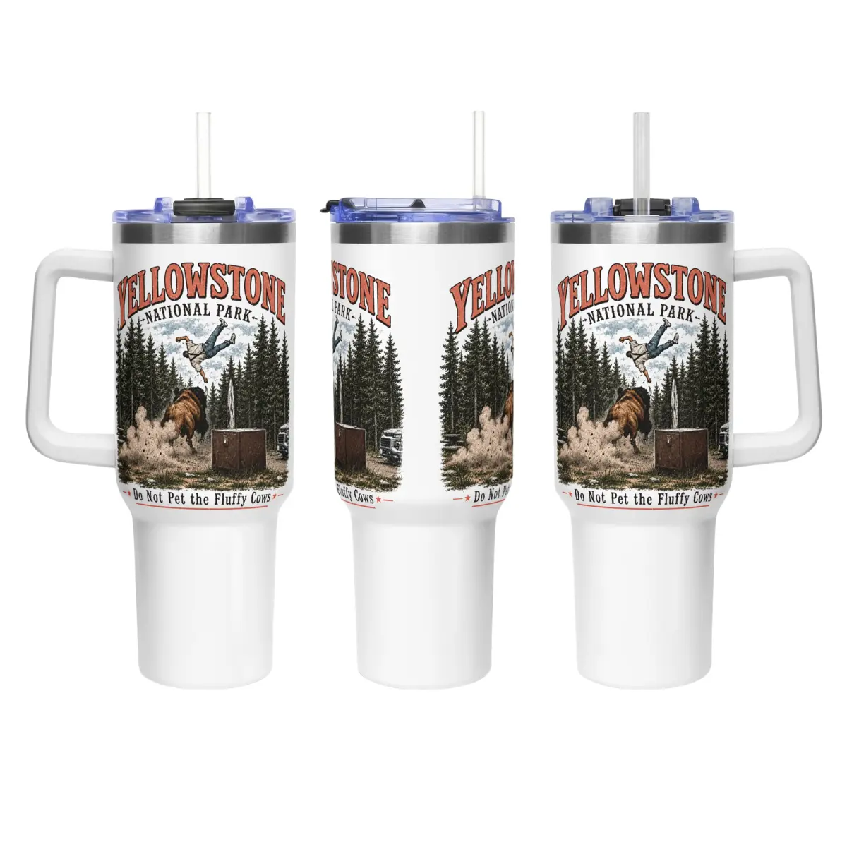 Portable Yellowstone National Park Printed Insulated Vacuum Flask Tumbler - 20oz/40oz Stainless Steel Drinkware with Handle, Lid, Straw, "Do Not Pet the Fluffy Cows" Design, Flasks, Insulation