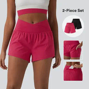 Halara 2-Piece SoftlyZero Airy Crossover High Waisted 2-in-1 Cool Touch Yoga Shorts 3'' with Pockets Set