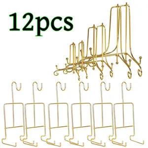 6 Pcs 3 Size Gold Plate Stands Decorative Photo Holder Stand Iron Easel Plate Holder Stand for Frames, Book, Card, Mug Organizer, Bowl