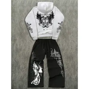 Gothic Cross Angel Pattern Two-Piece Set, Street Style Hooded Sweatshirt and Wide Leg Pants, Casual Home Wear, Unisex Fashion
