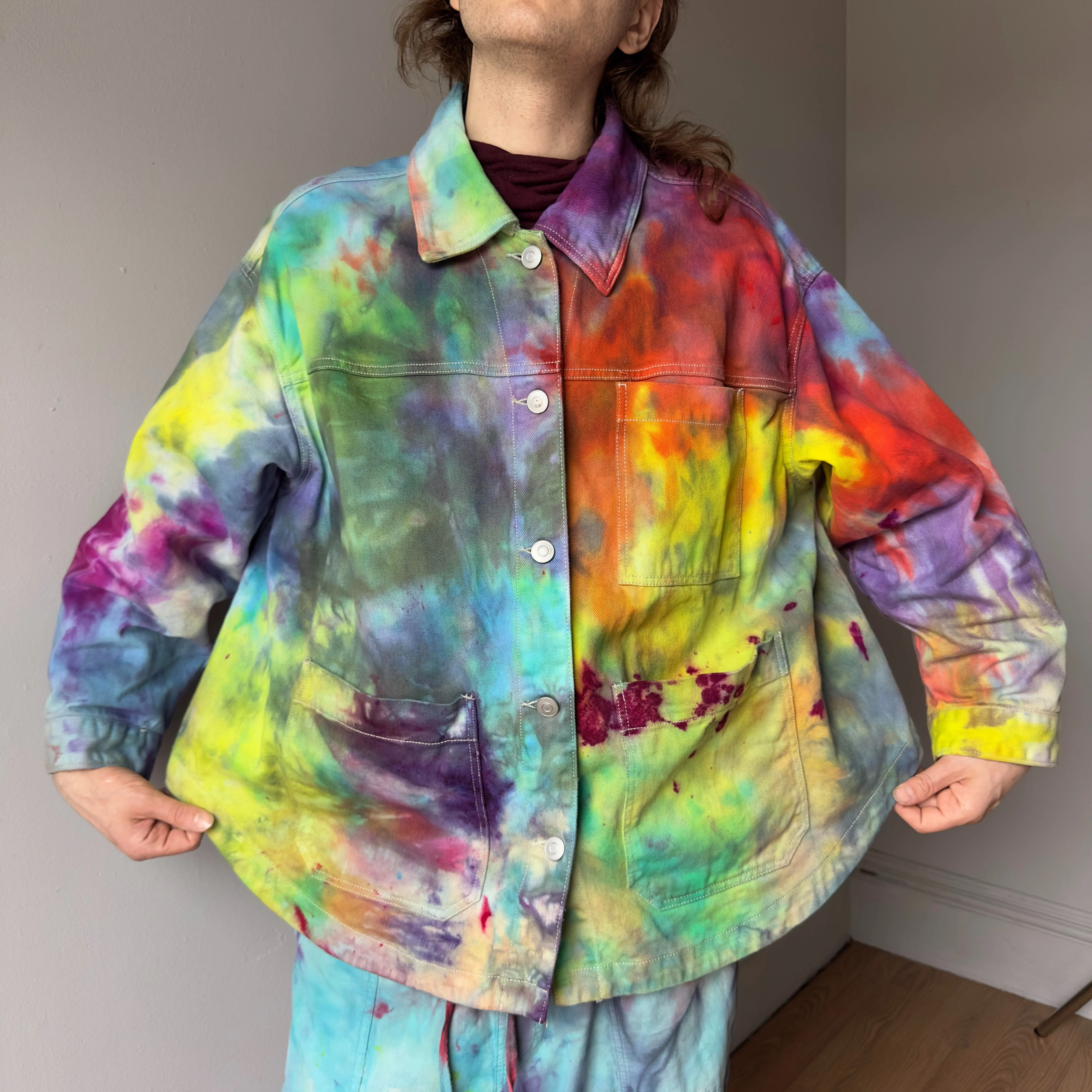 Rainbow Tiedye Jacket Denim Coat Cotton Fluorescent Neon Bright Colors XXL-XXXL 2x 3x